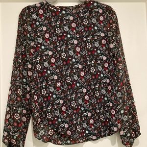 Loft Shirred Split Neck Mixed Media Top- Floral